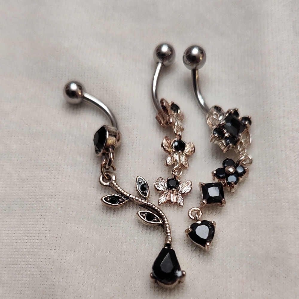 Elegant Black and Gold Floral Belly Rings